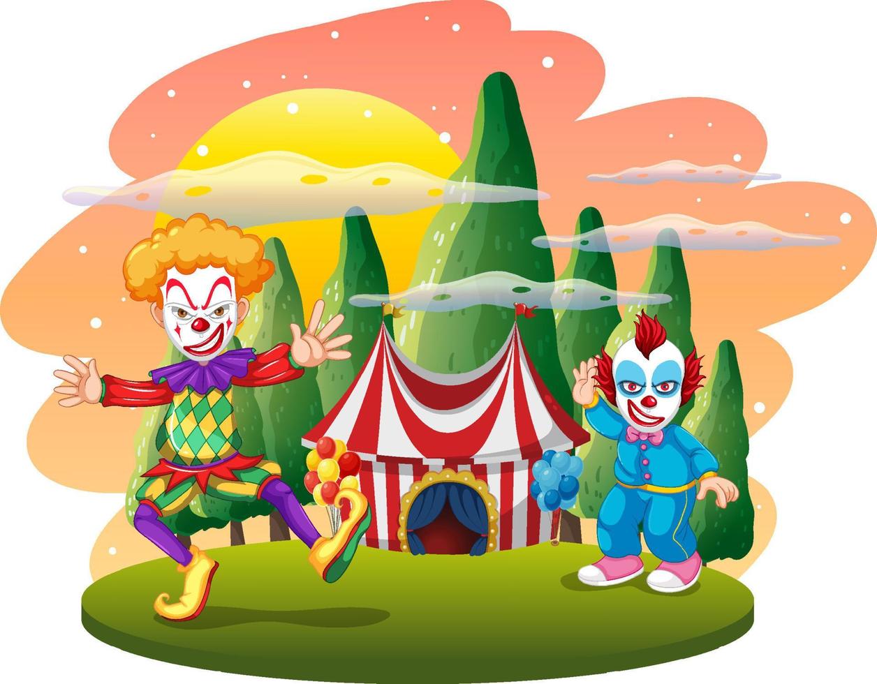 Isolated outdoor scene with clown cartoon characters vector