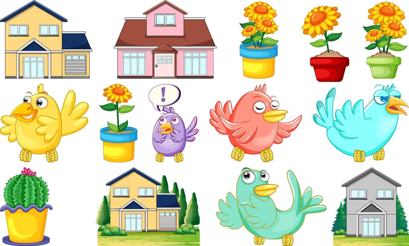 diferentes diseños de casas y lindos pájaros vector