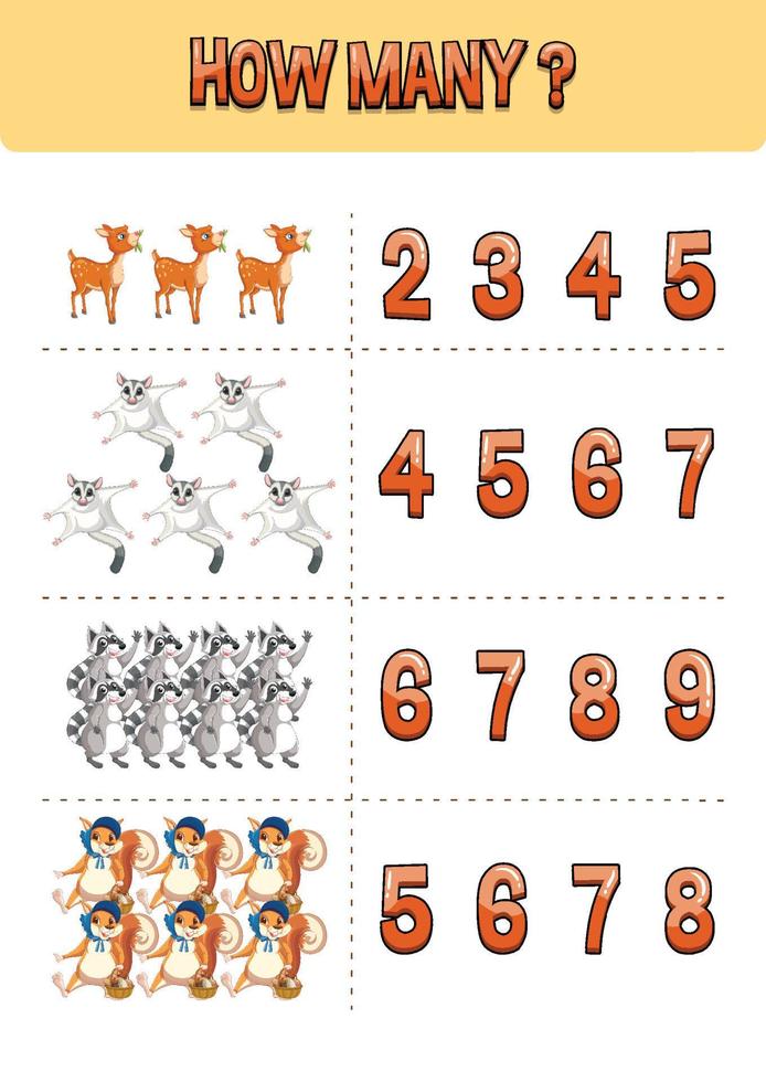 Worksheet design for counting animals vector