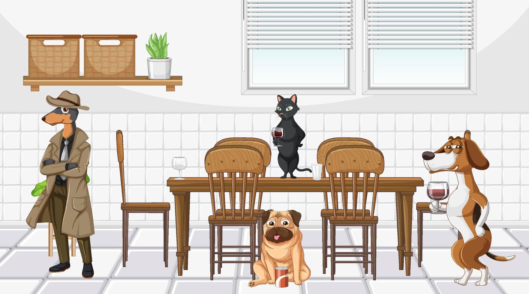 In house scene with dogs drinking wine vector