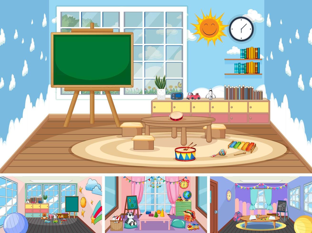 Set of different kindergarten classroom scenes vector