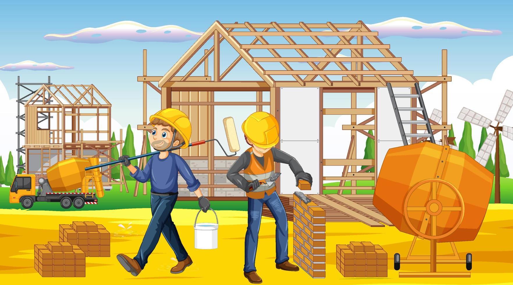 House construction site with workers cartoon vector