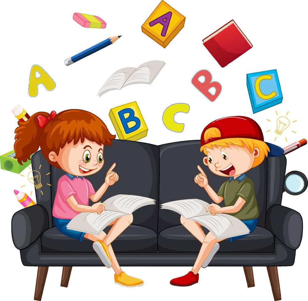 Children reading books on white background vector