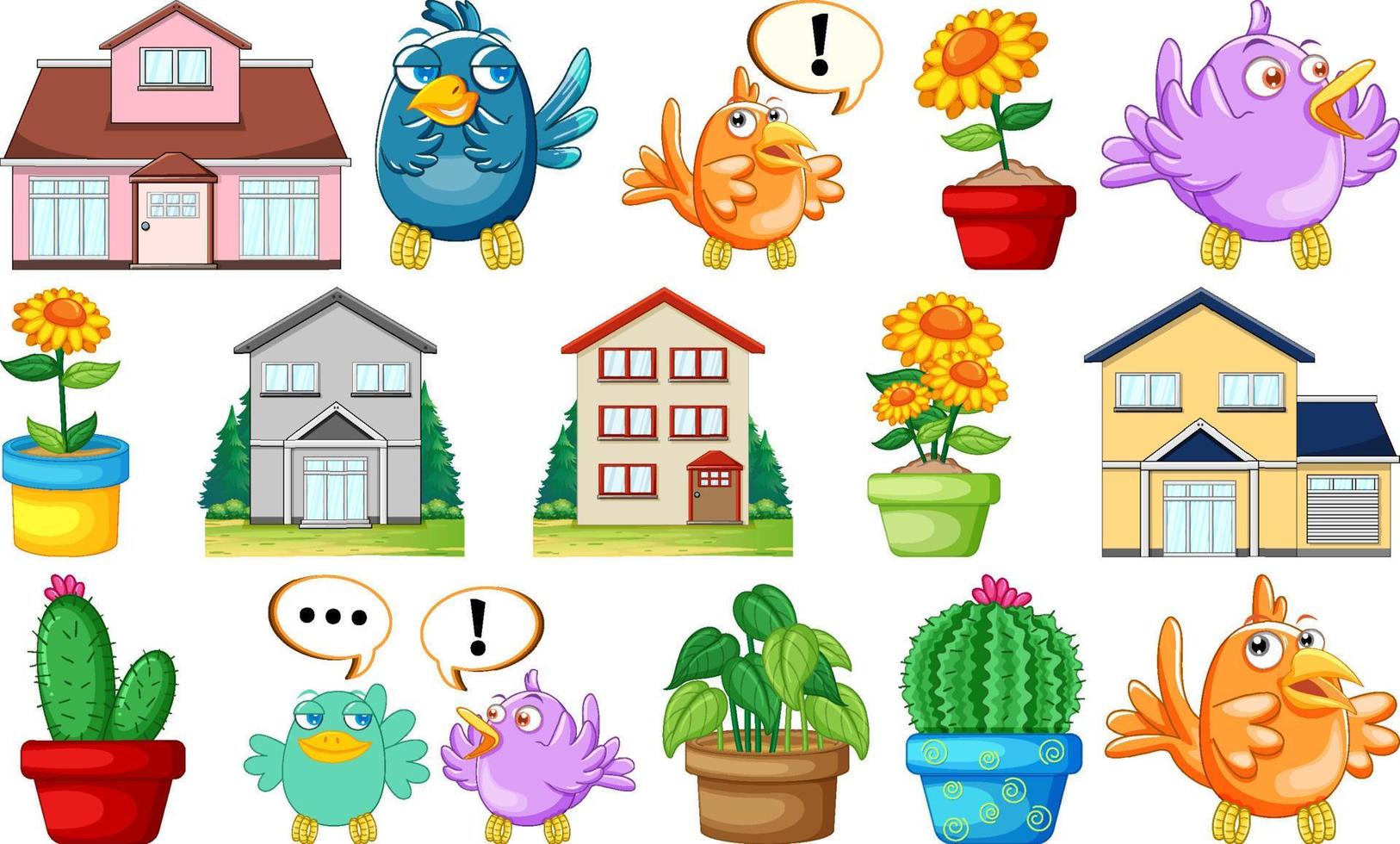 Set of houses and plants vector
