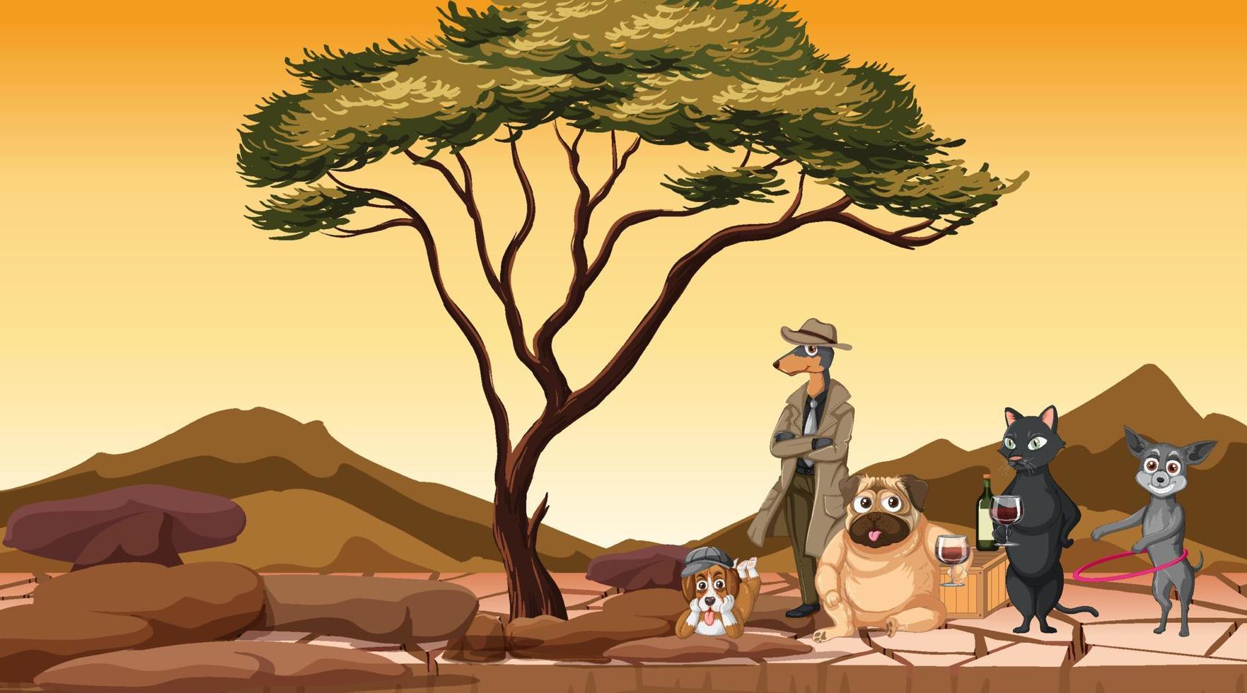 Set of different domestic animals in savanna field at sunset vector