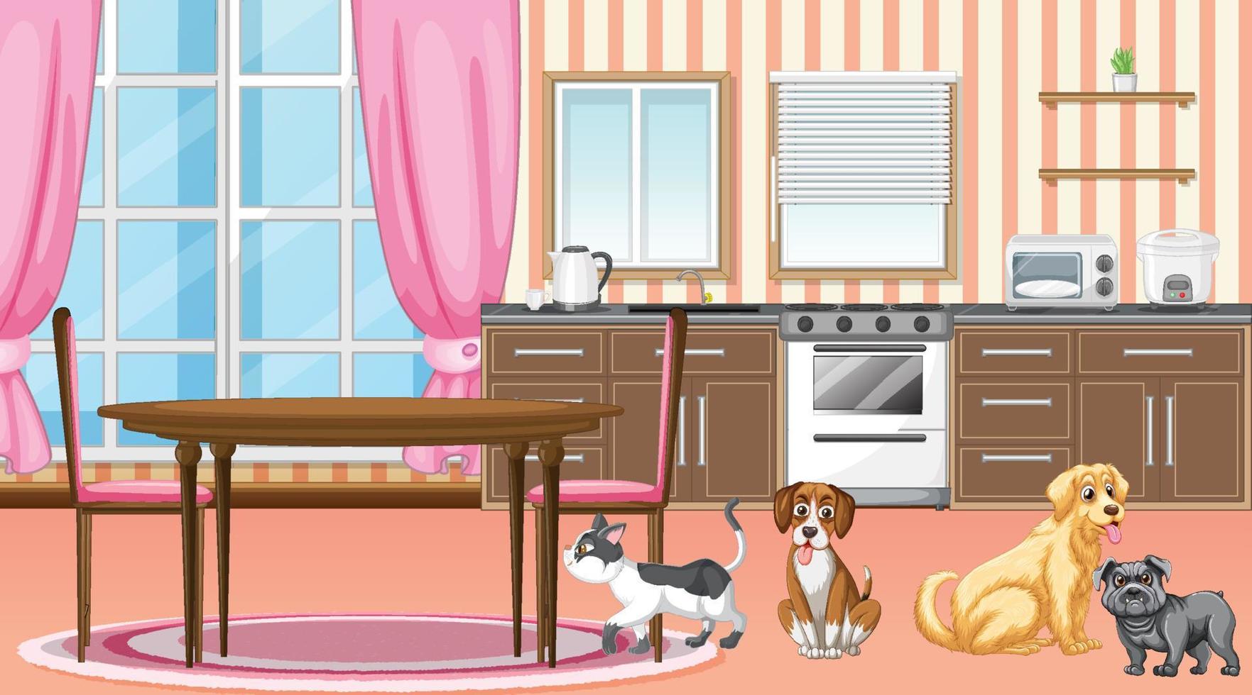 Set of different domestic animals in kitchen vector
