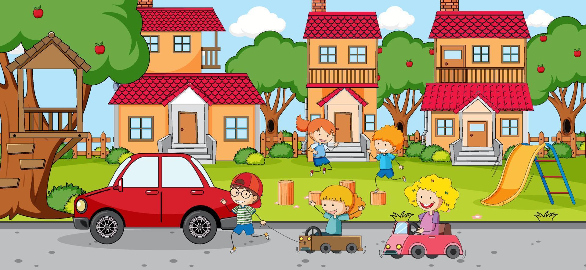 Outdoor scene with doodle house cartoon vector