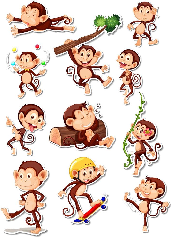 Sticker set of funny monkey cartoon characters vector