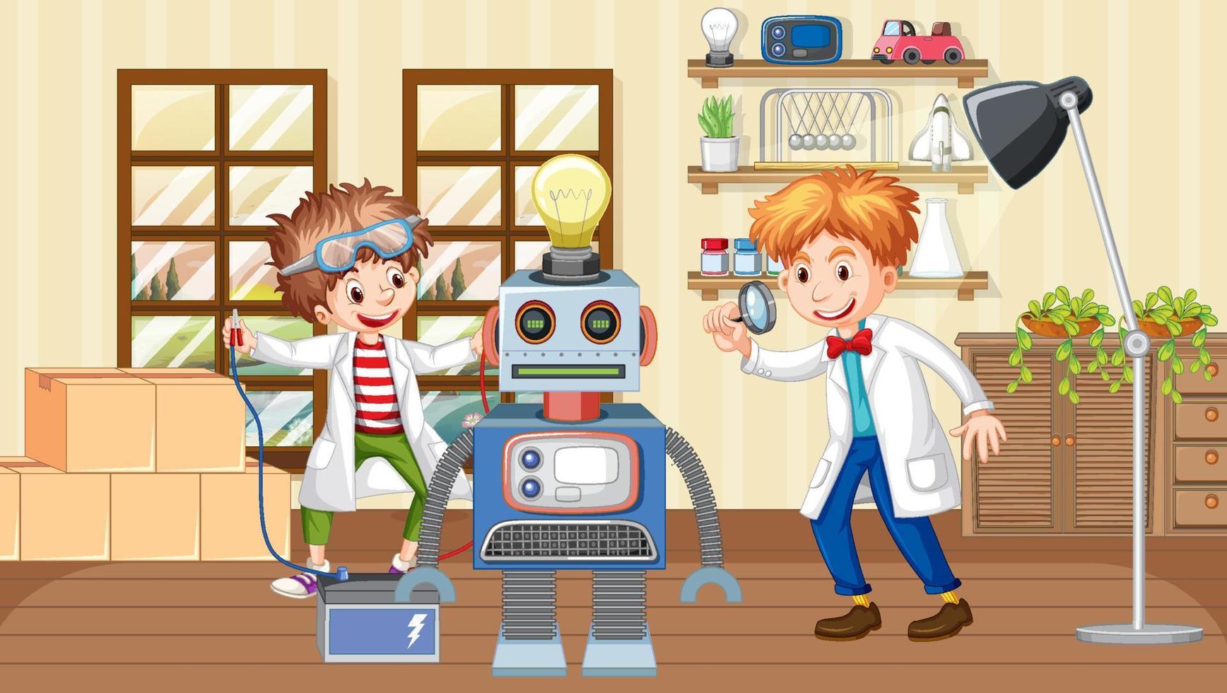 escena de laboratorio con personaje de dibujos animados científico vector