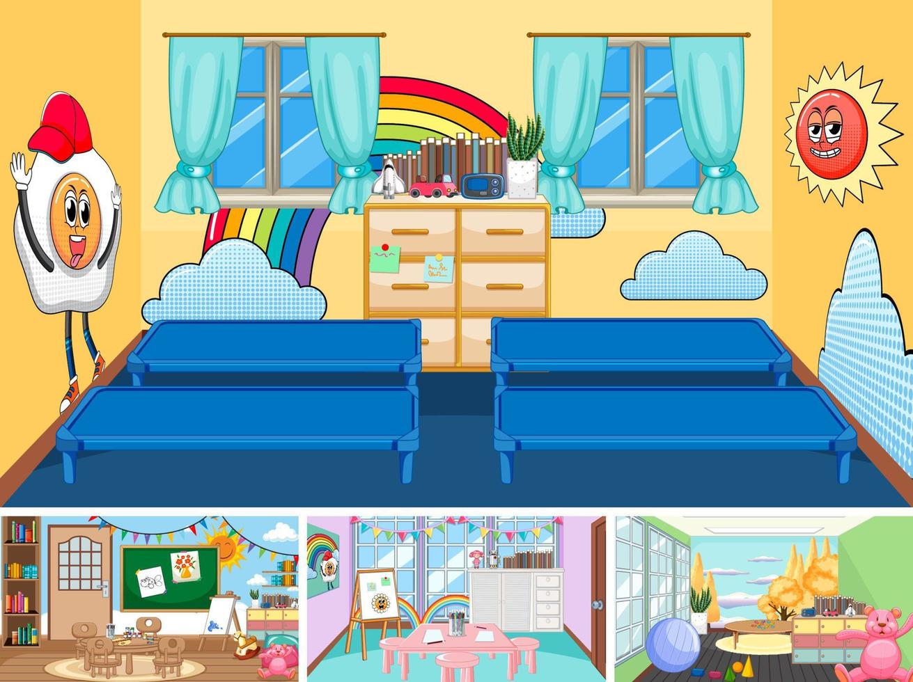 Set of different kindergarten classroom scenes vector