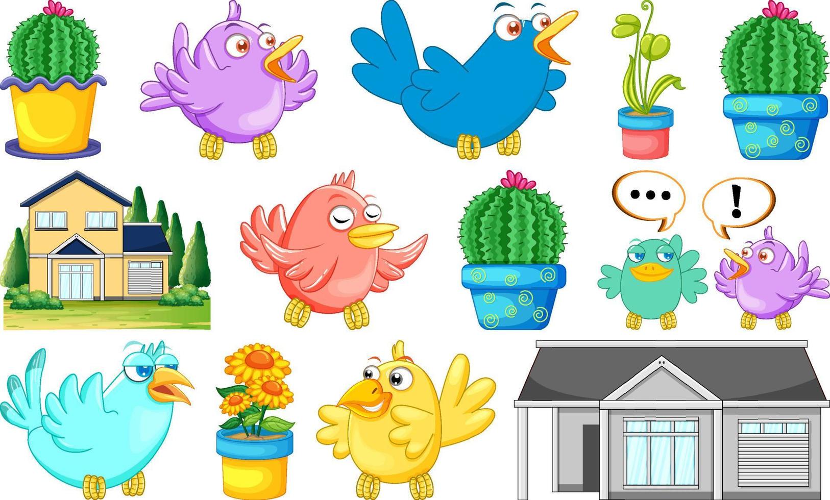 Different house designs and cute birds vector