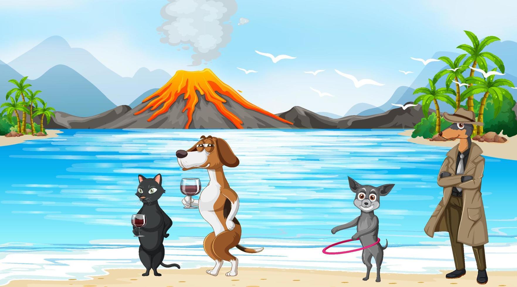 escena de playa al aire libre con muchos perros y camellos vector