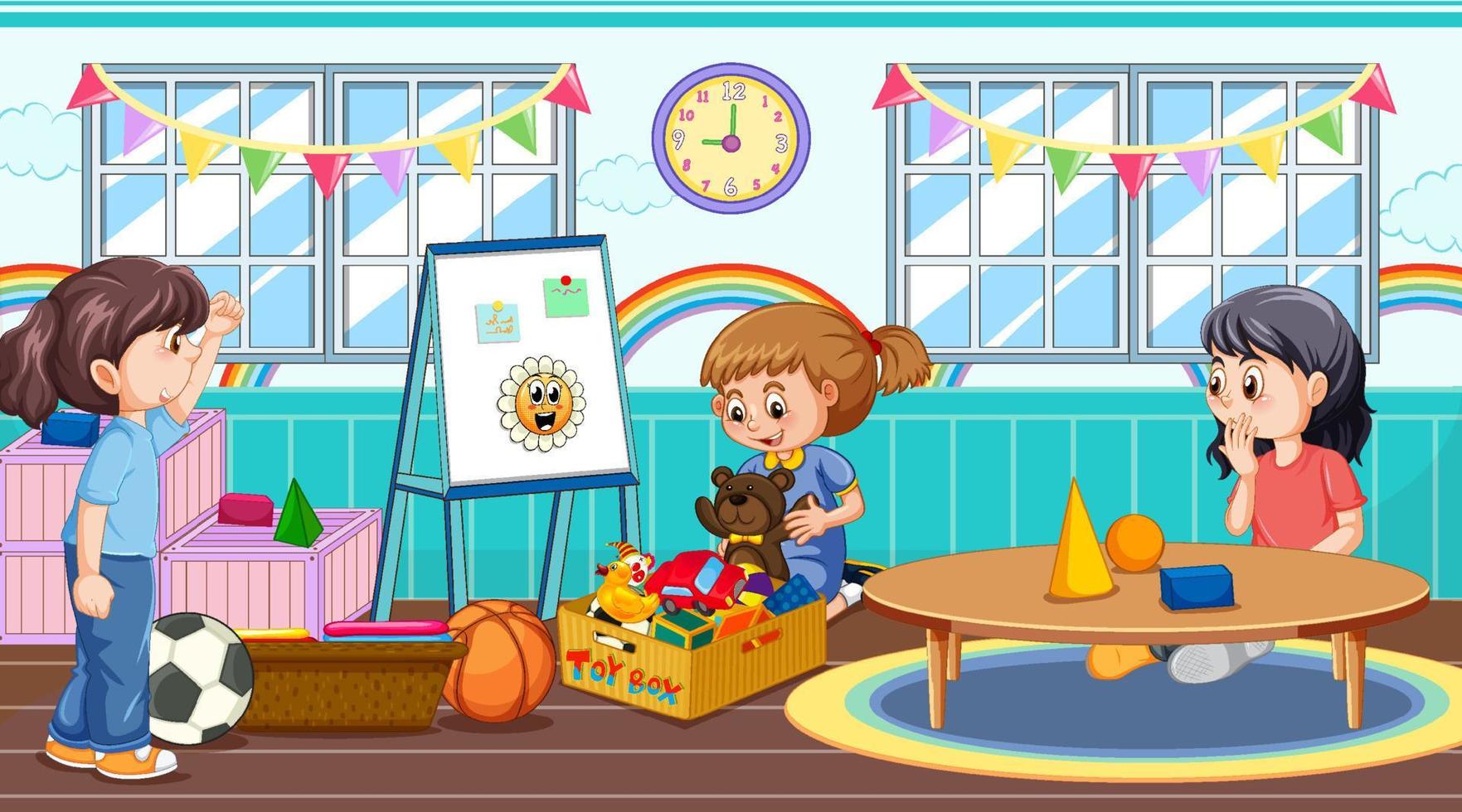 Kindergarten classroom scene with children vector