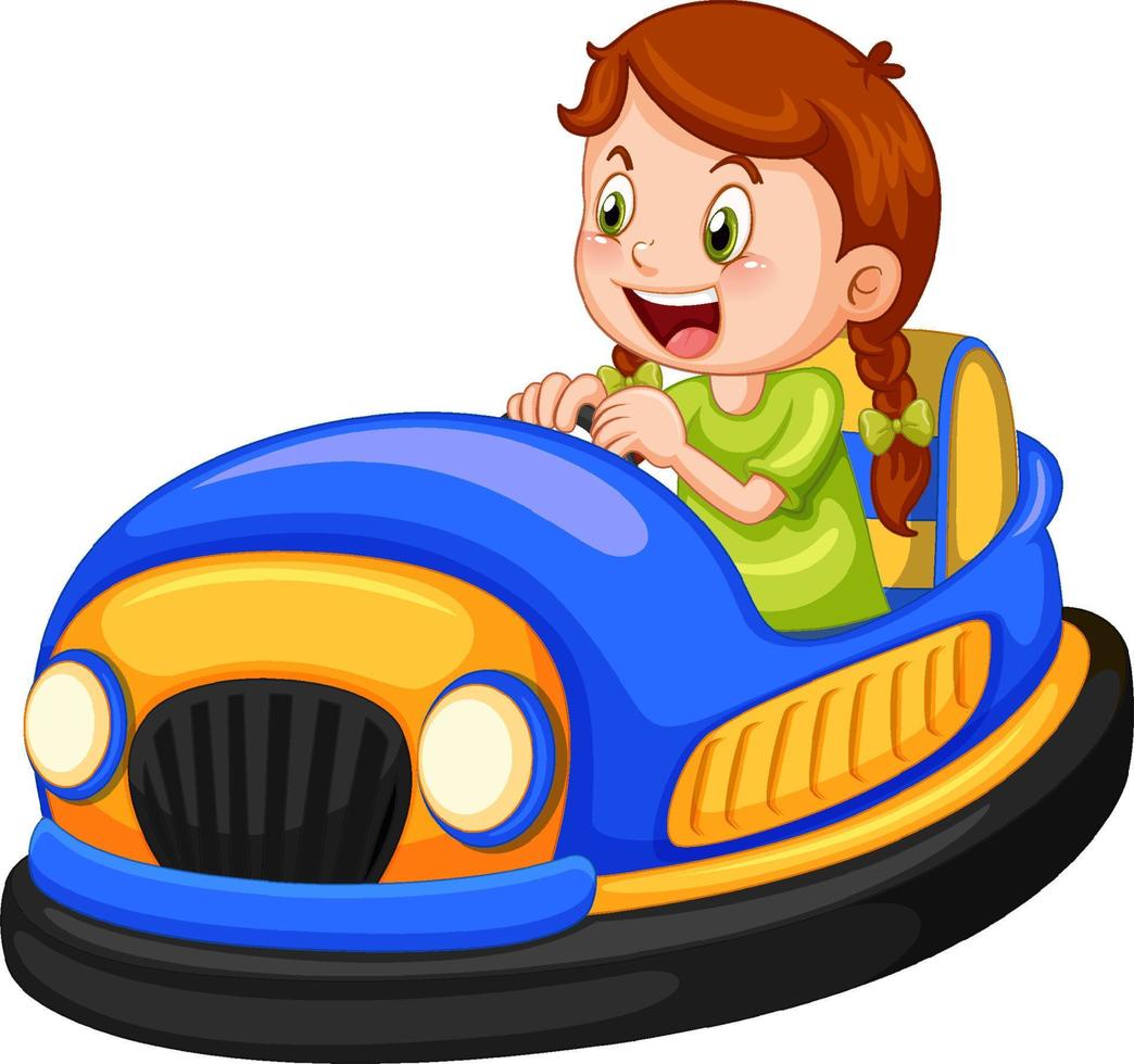 una chica conduciendo un auto chocador con fondo blanco vector