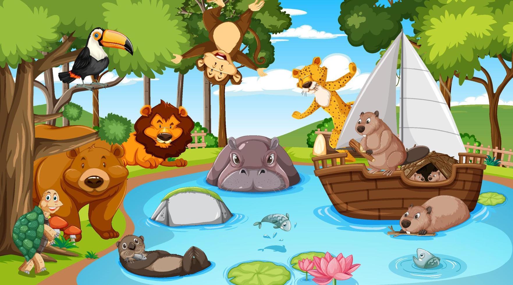 Wild animals cartoon characters in the forest scene vector