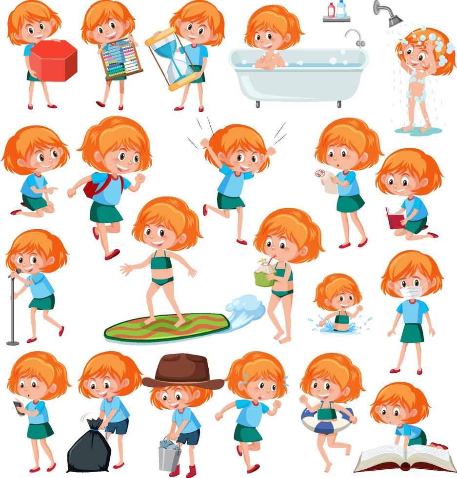 Set of girls doing activitys on white  background vector