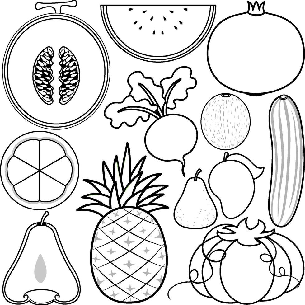 contorno de doodle de frutas y verduras vector