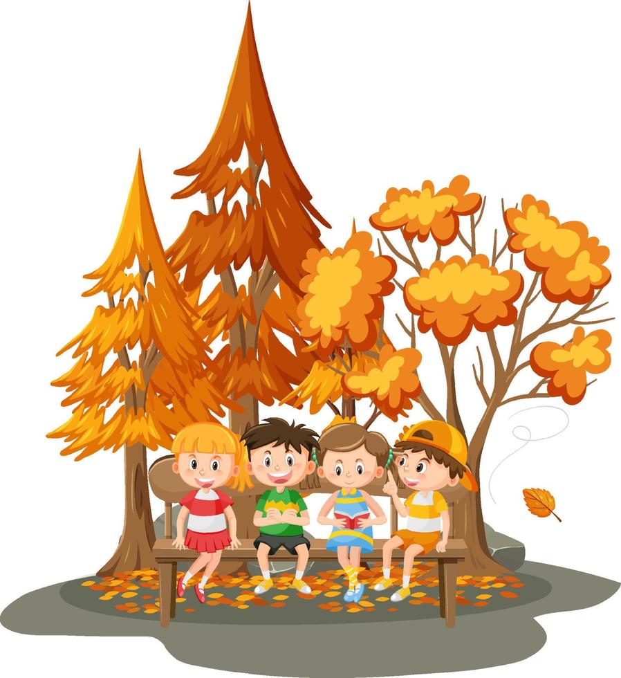 Children sitting on a wooden bench vector