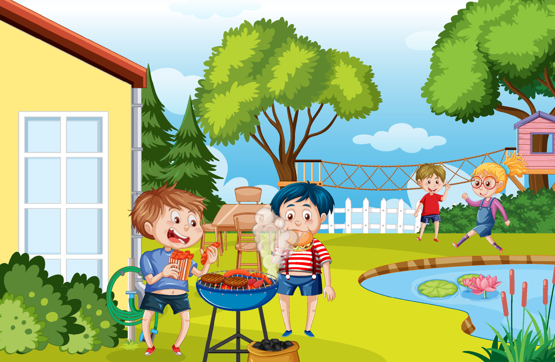 Backyard background with cartoon kids 7540128 Vector Art at Vecteezy