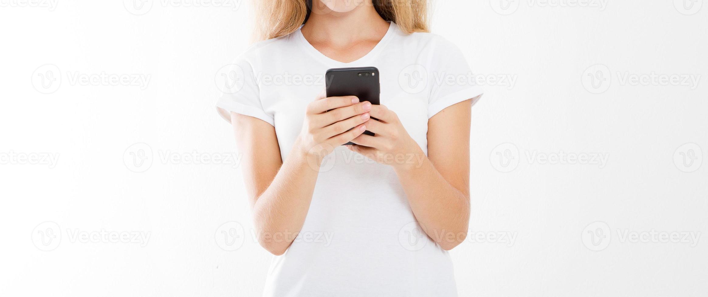 girl holding cell phone, woman with smartphone. Advertising concept. Copy space. Mock up. Blank. photo