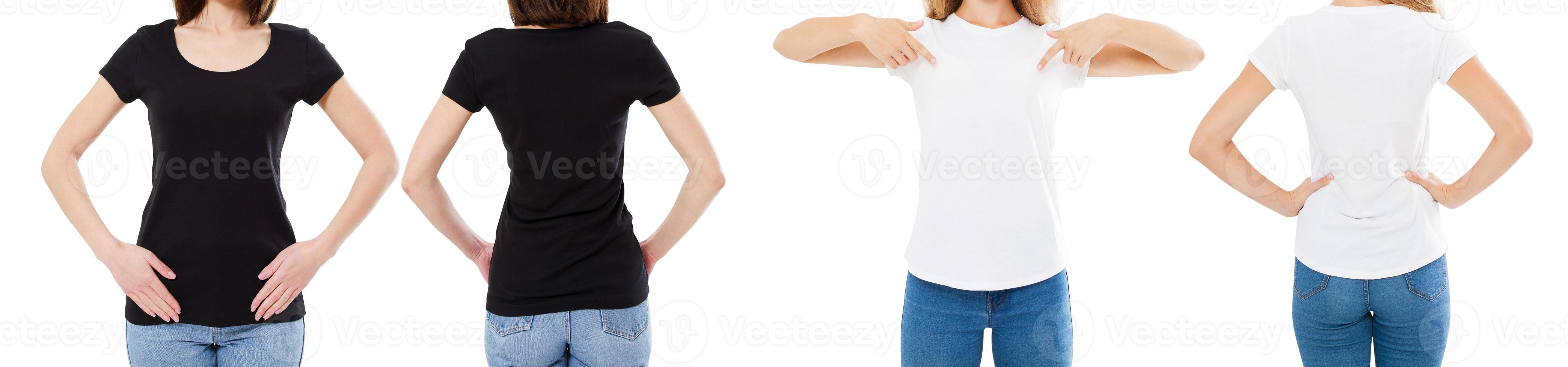 Woman In White And Black T Shirt Isolated Front And Rear Views Cropped image Blank T-shirt Options, Girl In Tshirt Set. Mock Up. Shirt Design And People Concept. photo