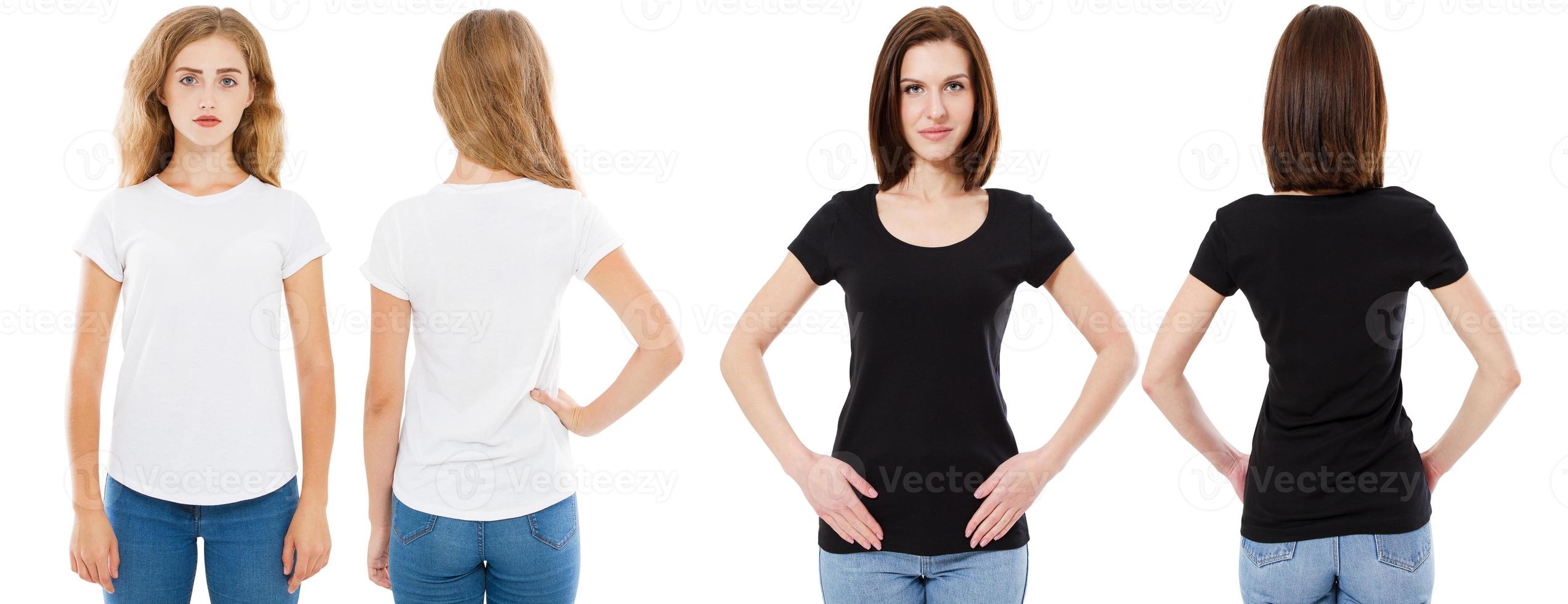 T-shirt set. Front and back view Brunette and Blonde in white and black t shirt isolated. Two girl in blank shirt, Mock up, Collage, Copy space, Template photo