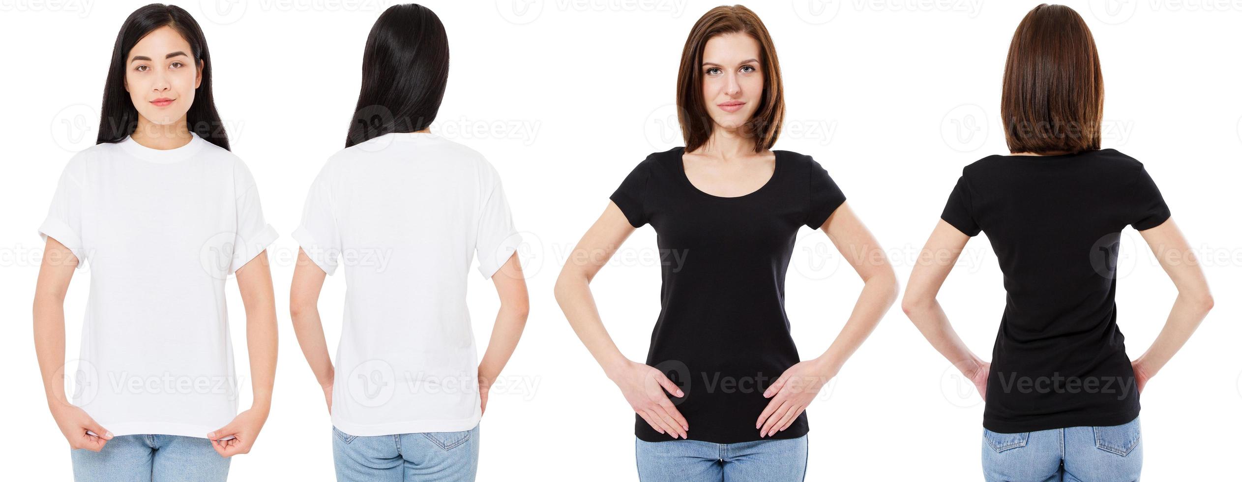 korean and white woman in blank white and black t-shirt front and back views, mock up, design template photo