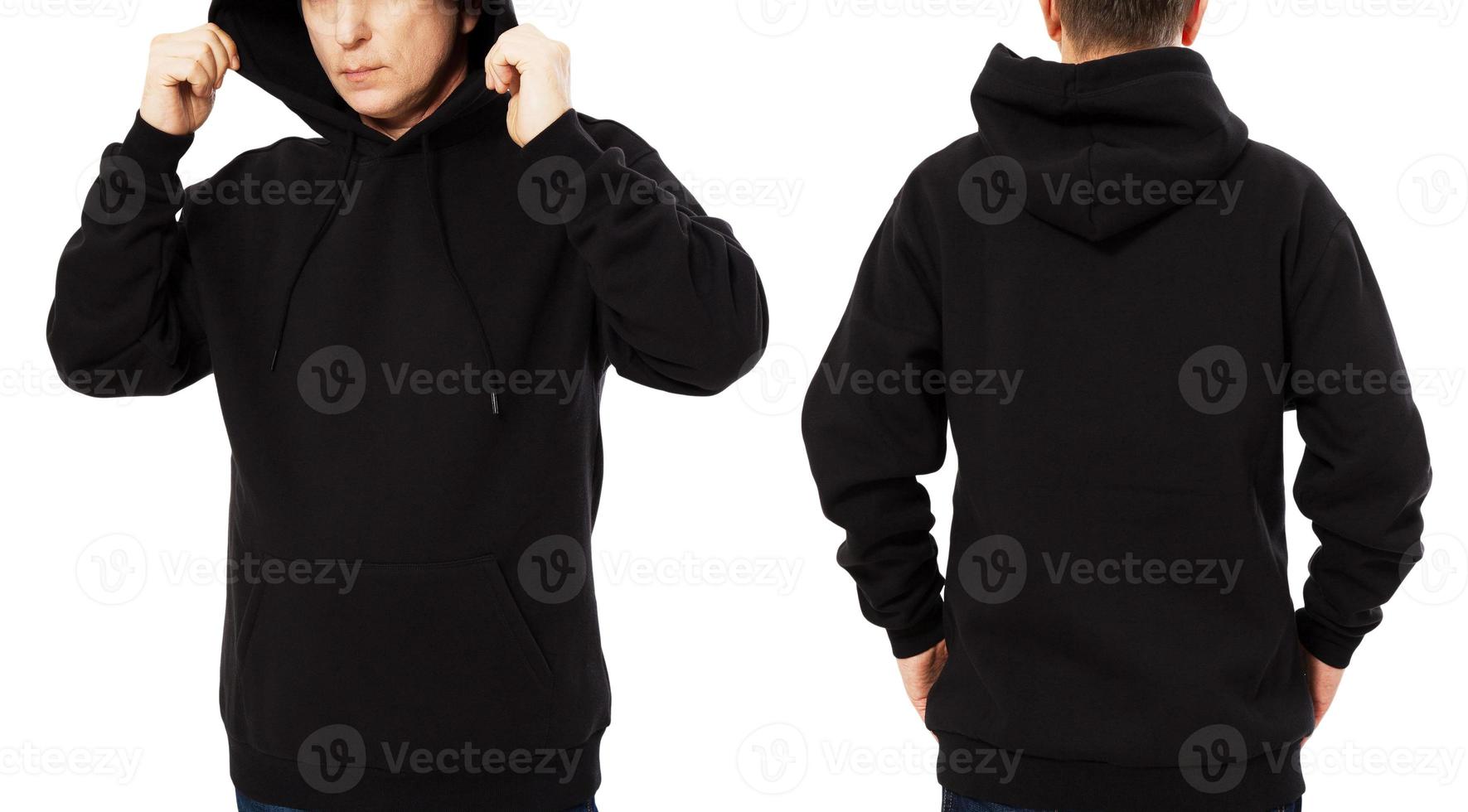 Man hoody set, black hoody front and back view, hood mock up. Empty male hoody copy space. Front and rear background photo