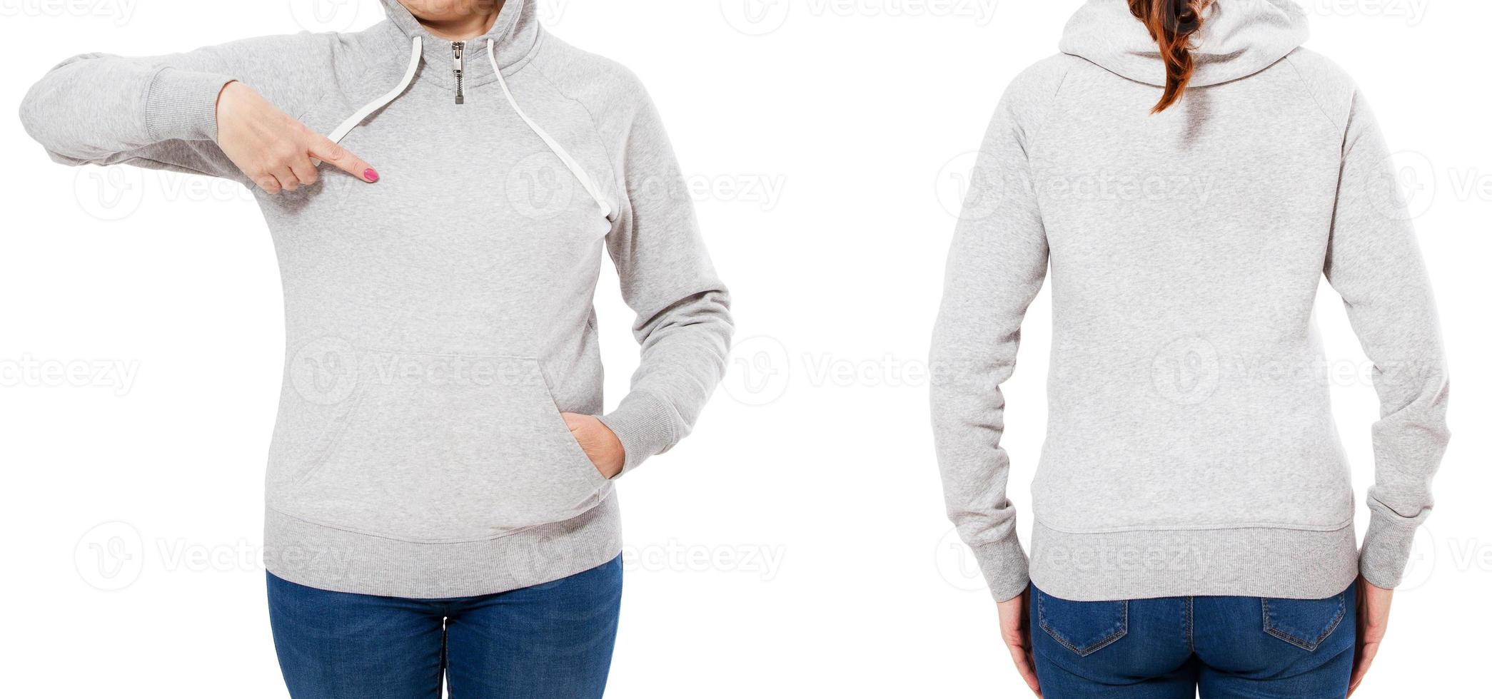 girl pointed on empty grey hoodie mock up isolated on white background, female body sweatshirt photo
