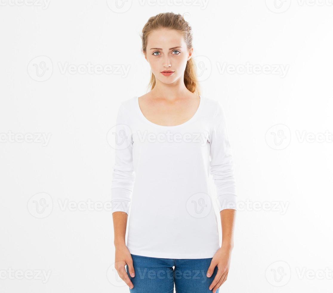 Midsection of young woman wearing blank tshirt on white background ...