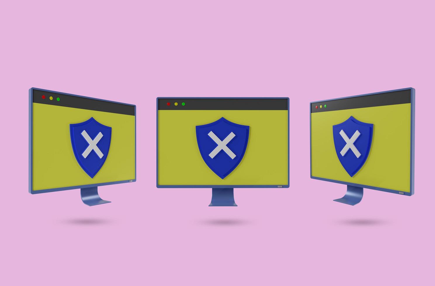 conjunto de iconos de monitor y escudo con cruz, concepto desprotegido contra virus, presentación 3d foto