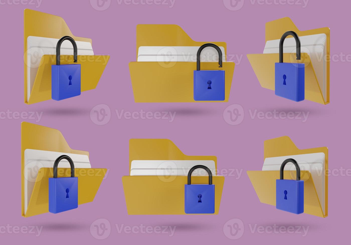 set of locked and unlocked document file folder icons. padlock, 3d rendering photo