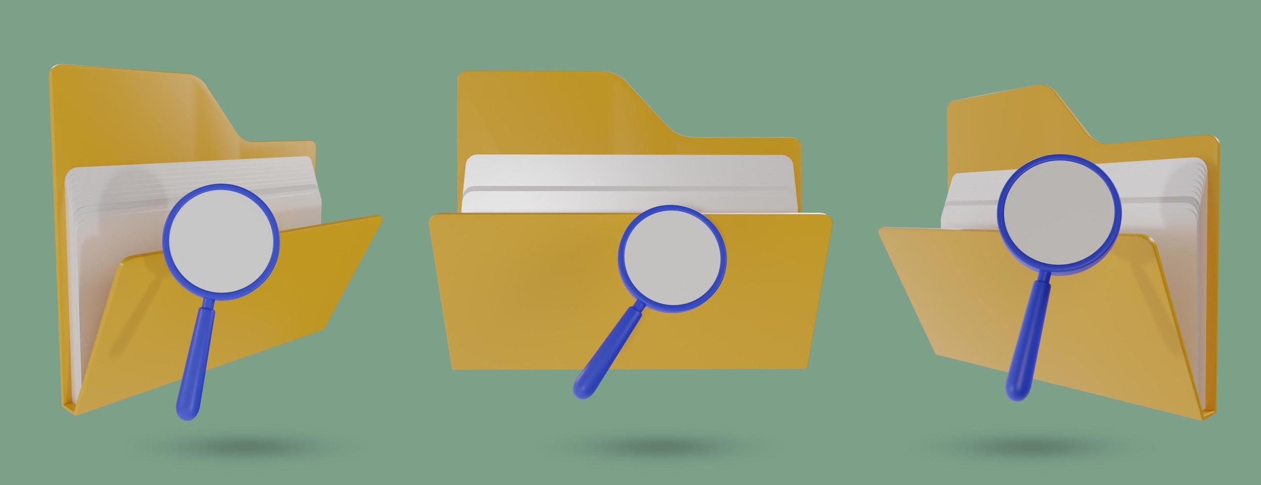 set of folder icons with magnifying glass, document search concept. 3d Render photo