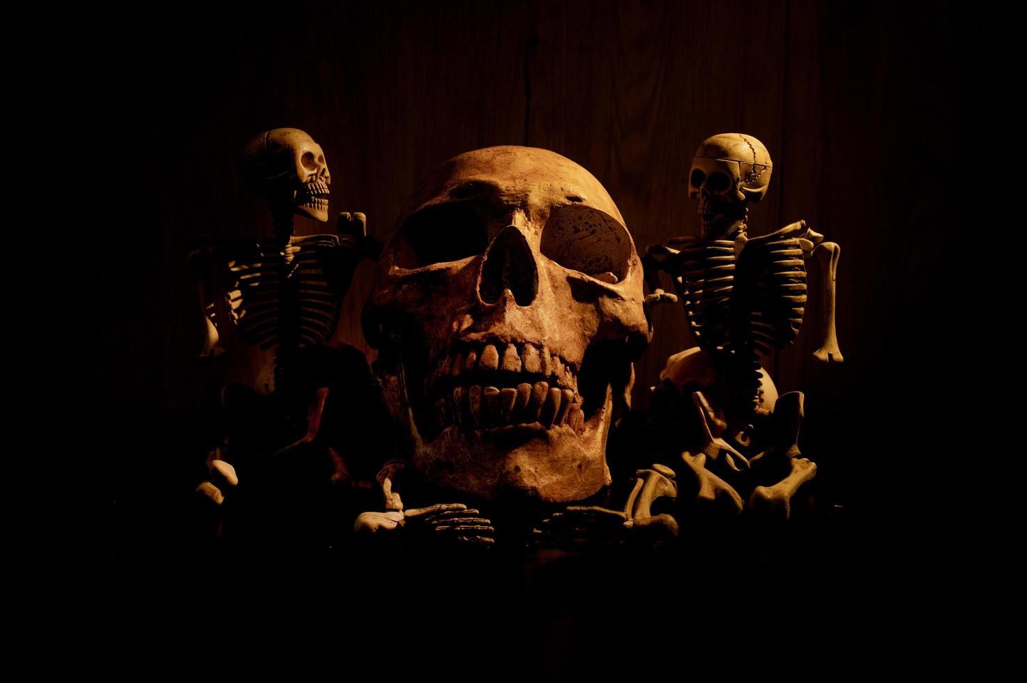 Still life art of a human skull on a black background photo