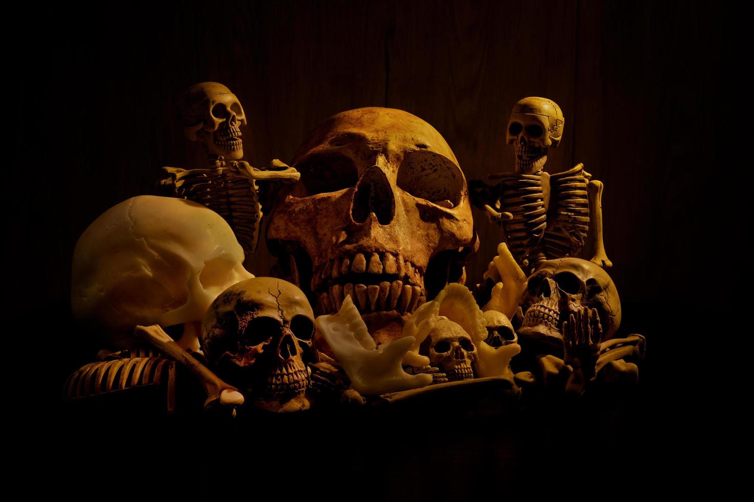 Still life art of a human skull and pile of bone on a black background photo