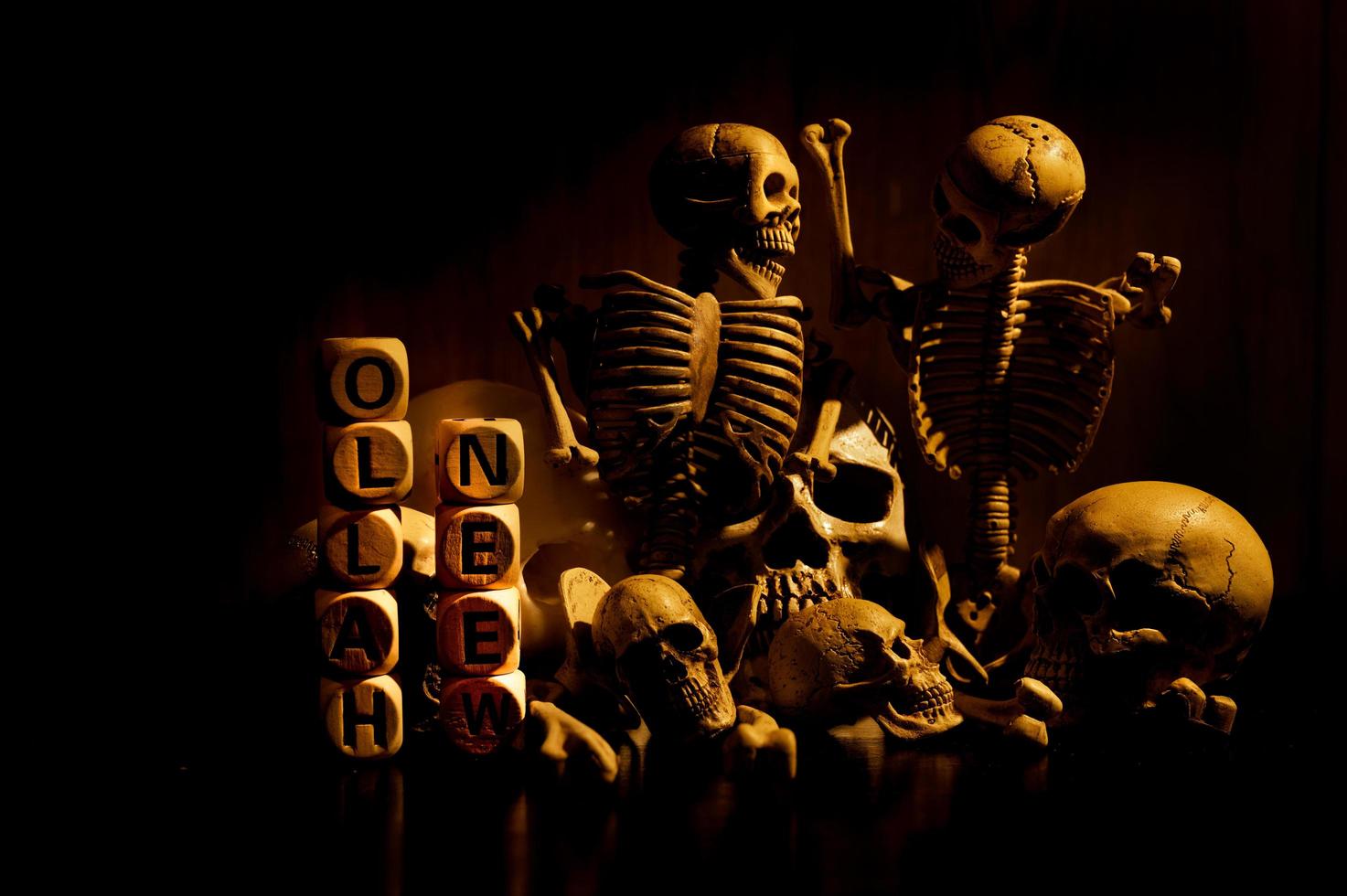 An arrangement of still life art of a long-deceased human skull on the eve of Halloween photo