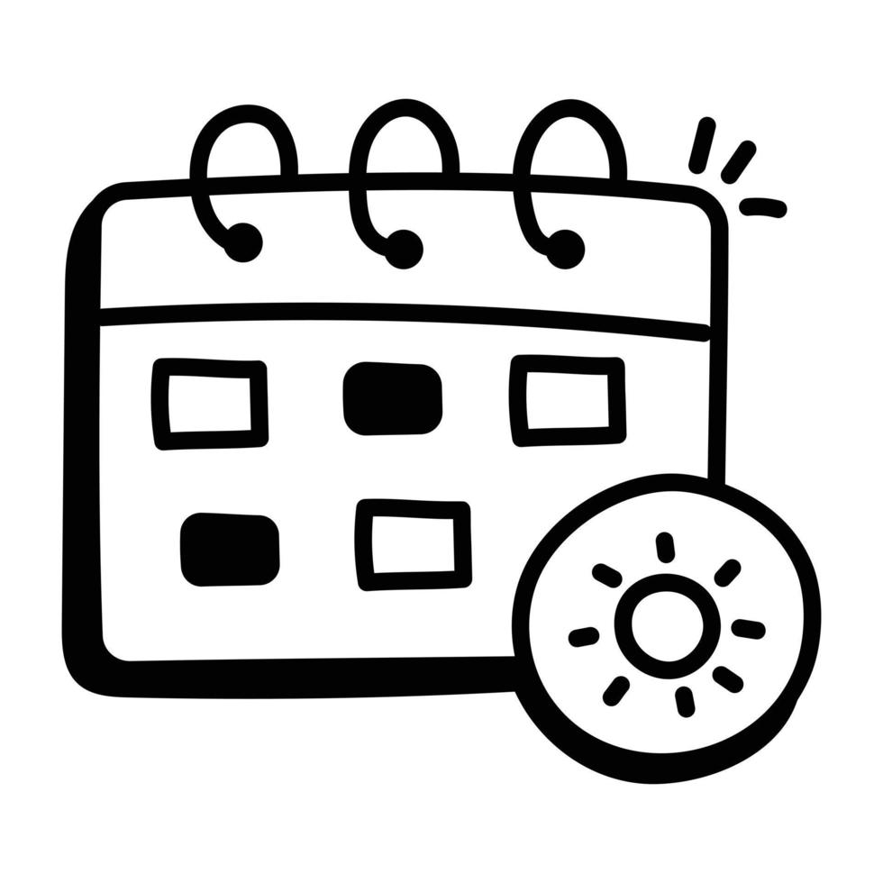 calendario con sol, icono de garabato del evento de verano vector