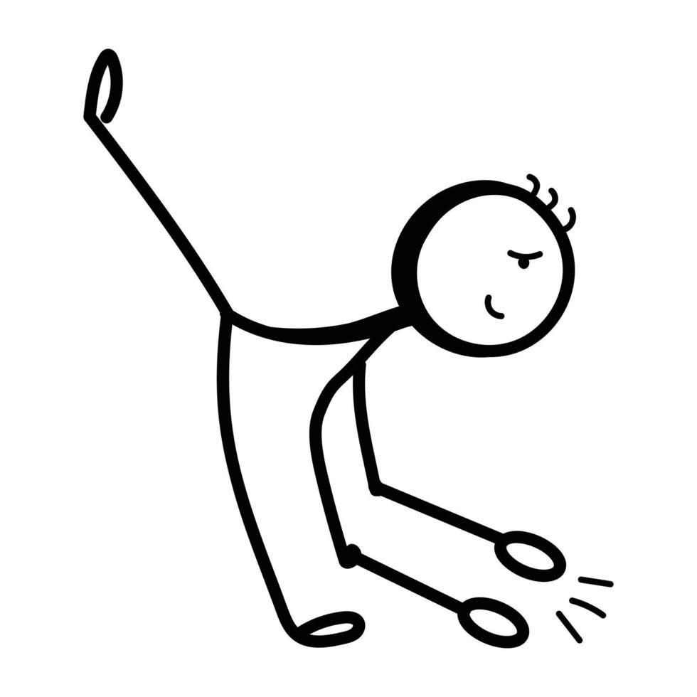 Stick figure stretching one leg up, hand drawn icon of gymnastics vector