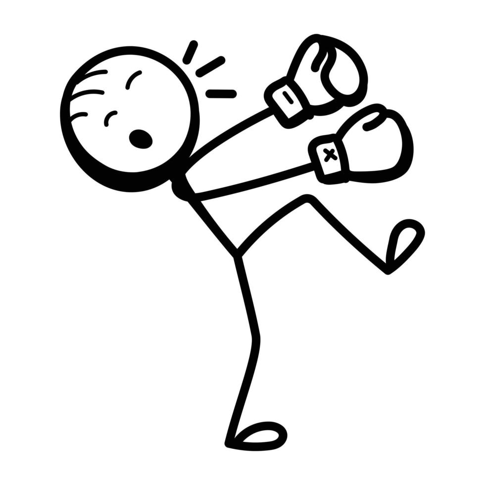 Stick figure with boxing gloves, hand drawn icon of punching vector