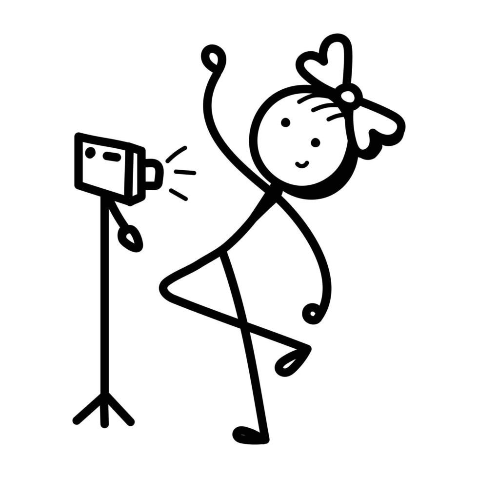Stick figure recording blog, hand drawn icon of vlog vector