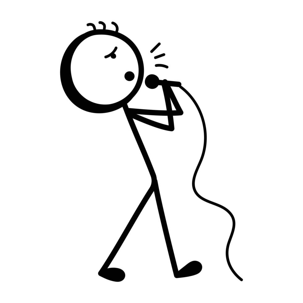 Stickman with mic, hand drawn icon of singer vector