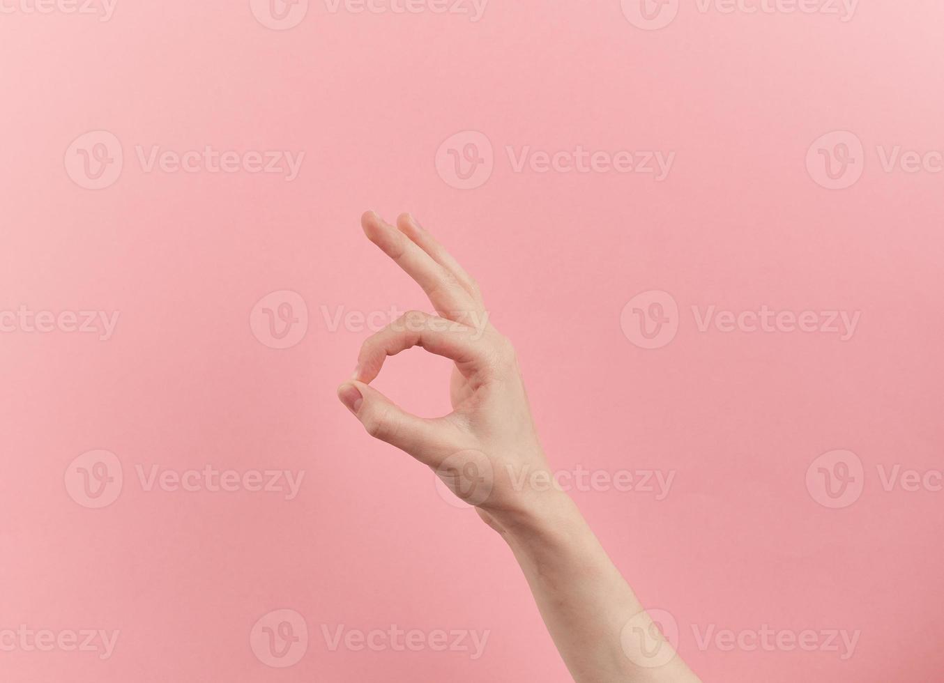 Woman hand shows ok symbol on pink pastel background with copy space photo