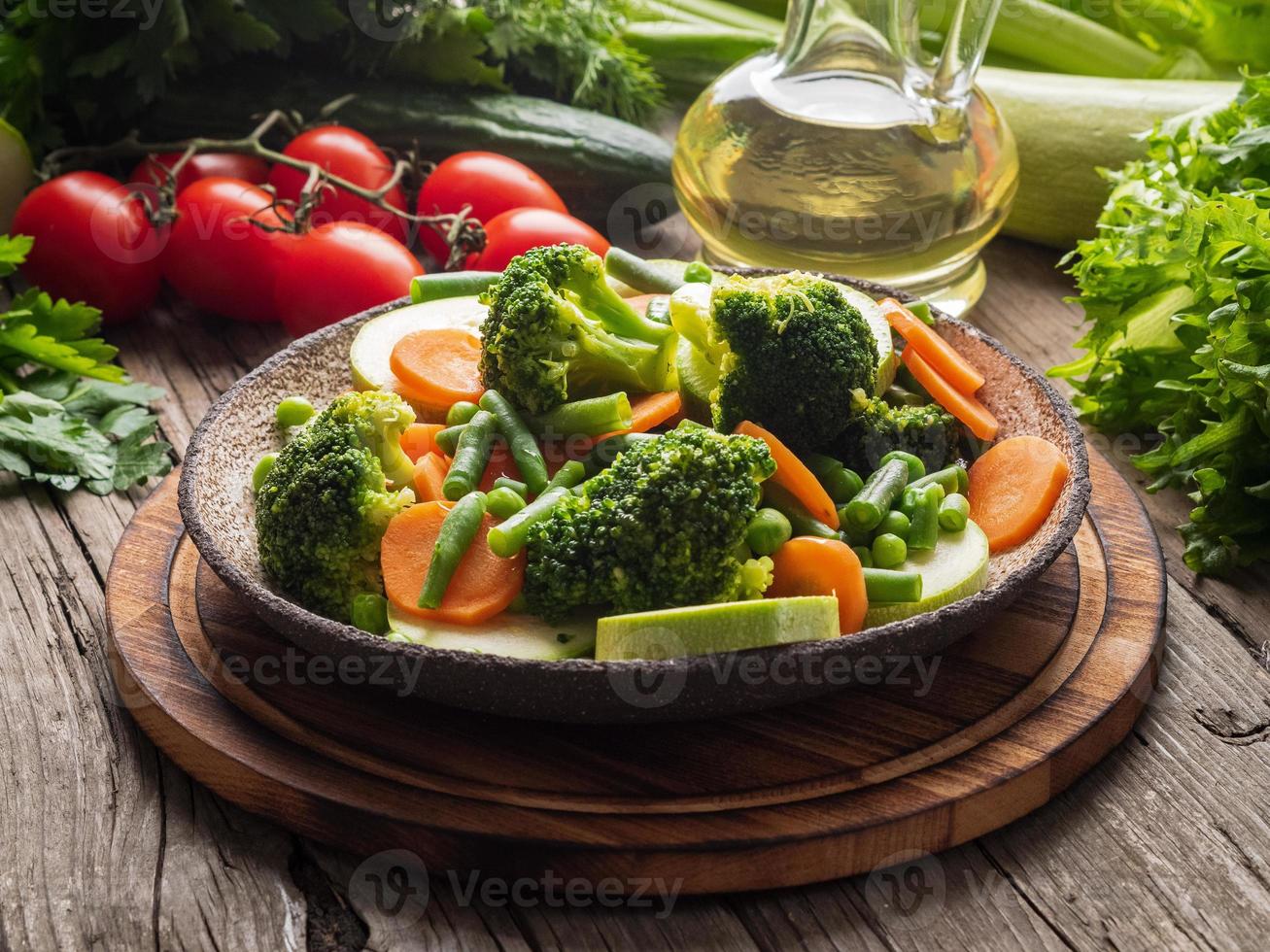 Mix of boiled vegetables, steam vegetables for dietary low-calorie diet. Broccoli photo