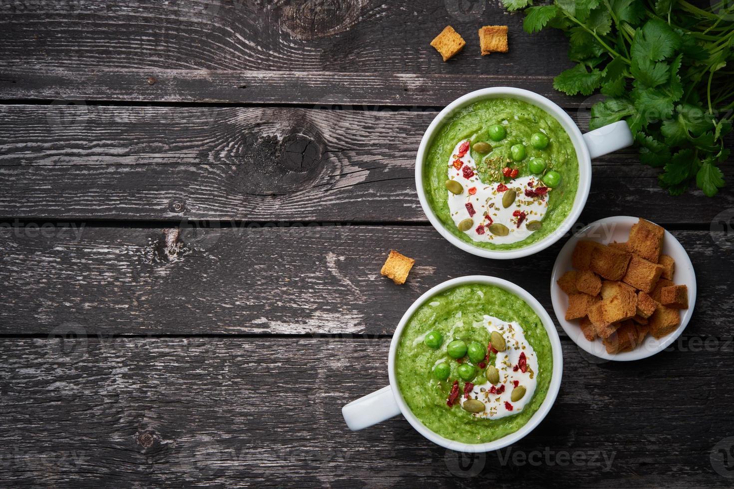 Broccoli cream soup, banner, copy space, top view. Vegetable green puree photo