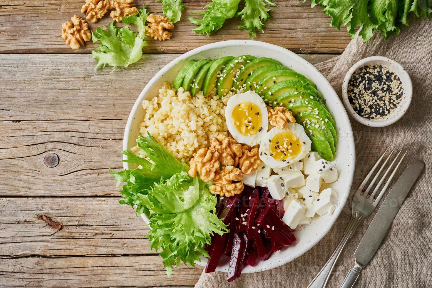 Buddha bowl, balanced food, vegetarian menu. photo