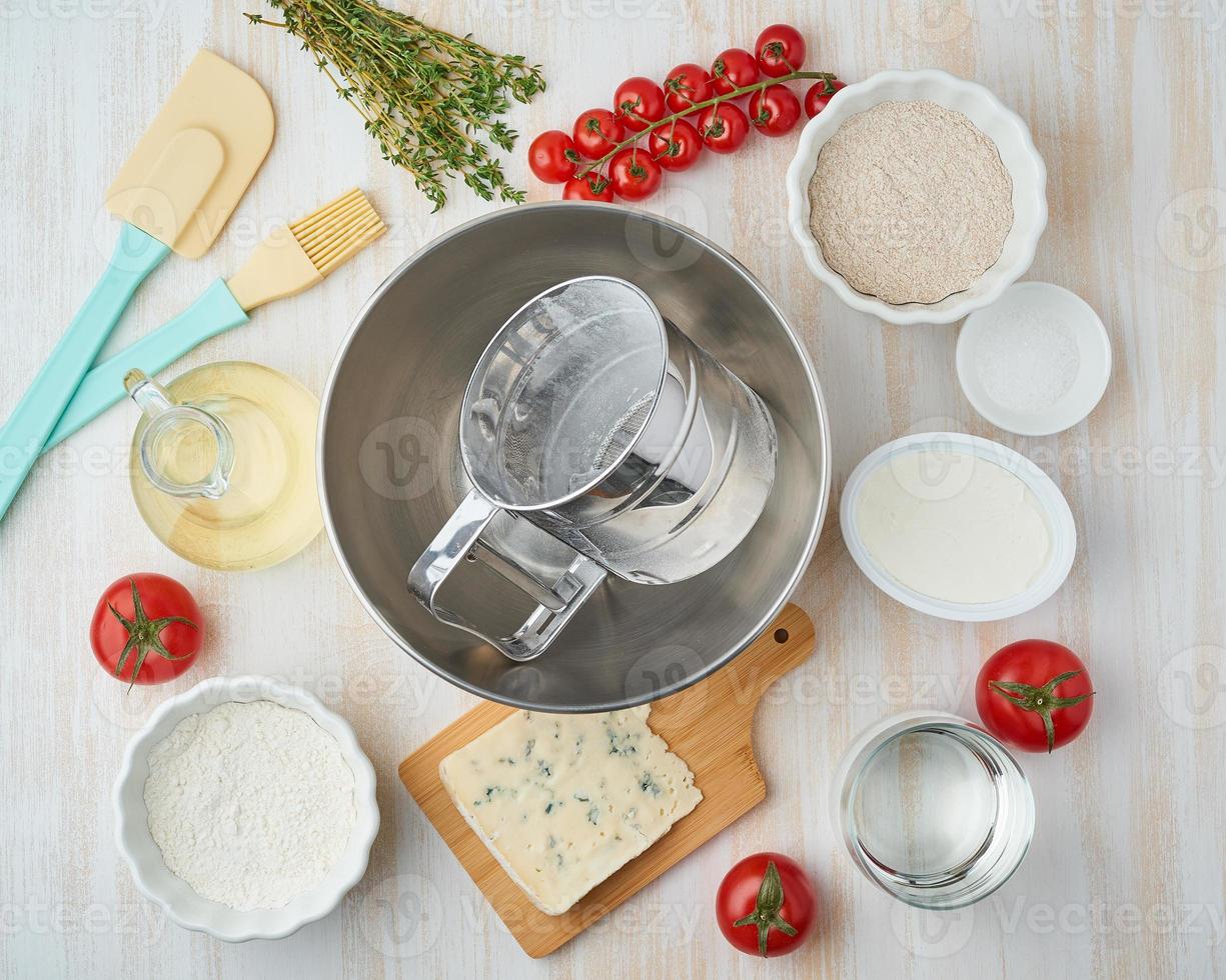 Step by step recipe. Homemade galette with vegetable. Top view, white wooden table photo
