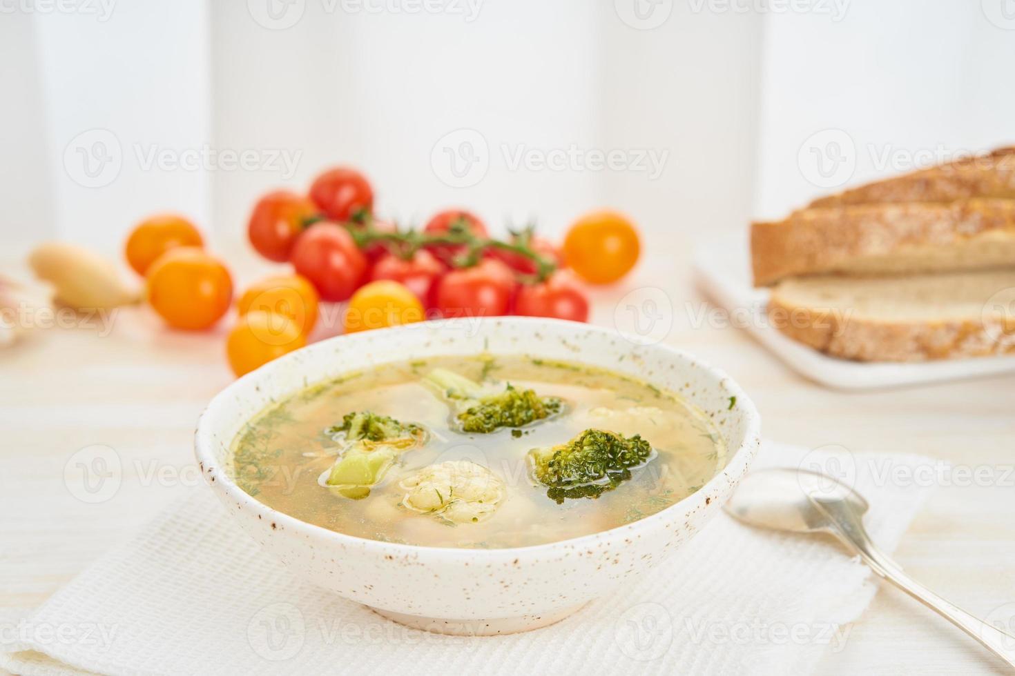 Broccoli soup, healthy spring vegetable dietary vegetarian dish, top view, close up, side view photo