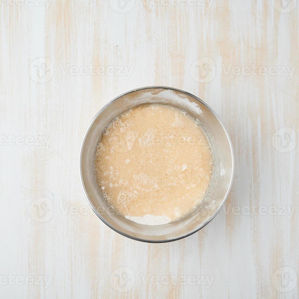 Step by step recipe. Homemade galette with vegetable. Top view, white wooden table photo