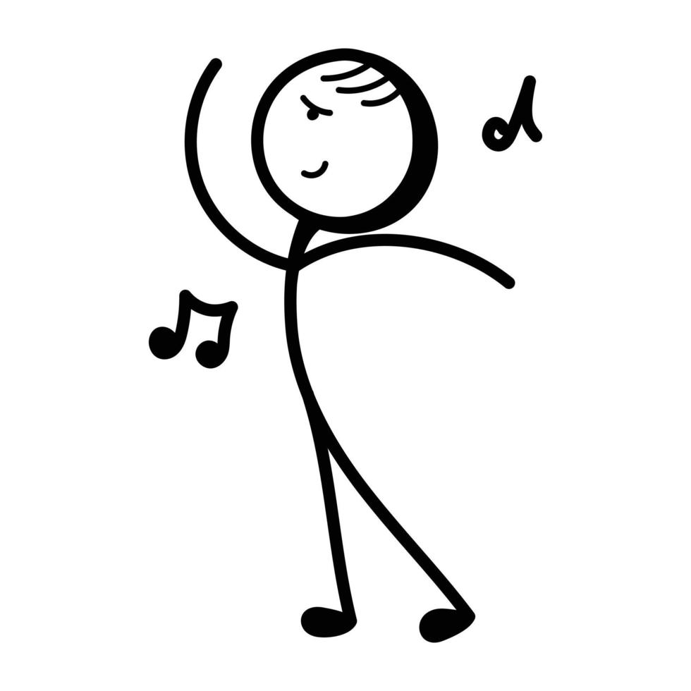 Stick figure enjoy dancing, hand drawn icon vector