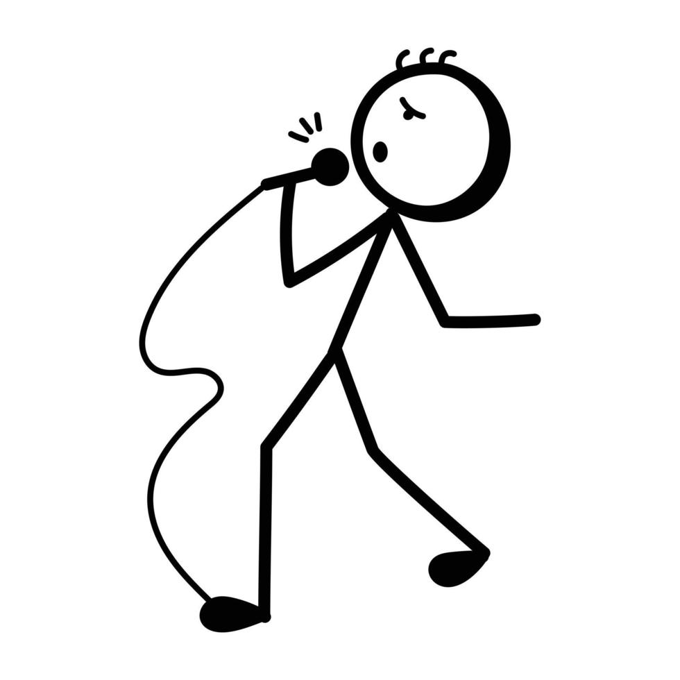Stickman with mic, hand drawn icon of singer vector